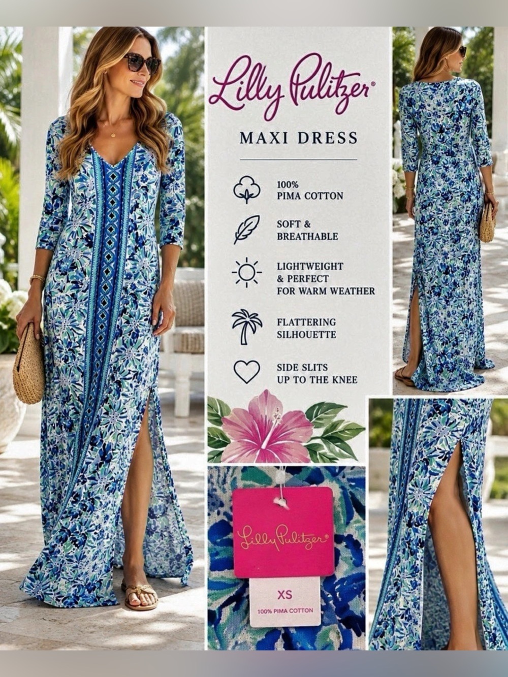 NWT Lilly Pulitzer Anissa Maxi Dress Floral Blue & White XS